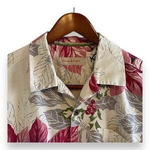 Tommy Bahama Mens L Silk Christmas Shirt Poinsettia Happy Holidays Surfing Santa